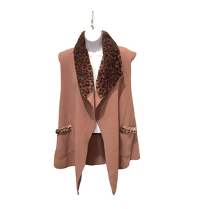 NWT Le Moda Women Leopard Fur Trim Vest Open Front Duster with Pockets‎ One Size